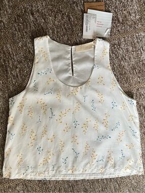 Light Cream Floral Tank Top with Yellow & Teal Sprigs